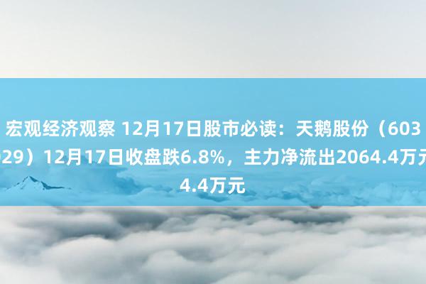 宏观经济观察 12月17日股市必读：天鹅股份（603029）12月17日收盘跌6.8%，主力净流出2064.4万元