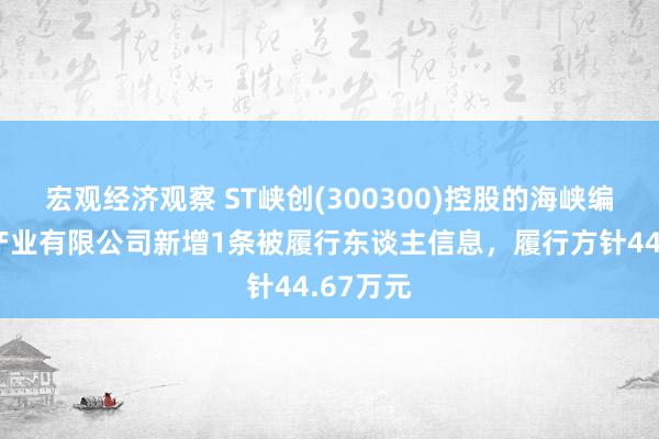 宏观经济观察 ST峡创(300300)控股的海峡编削信息产业有限公司新增1条被履行东谈主信息，履行方针44.67万元