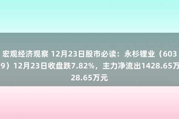 宏观经济观察 12月23日股市必读：永杉锂业（603399）12月23日收盘跌7.82%，主力净流出1428.65万元