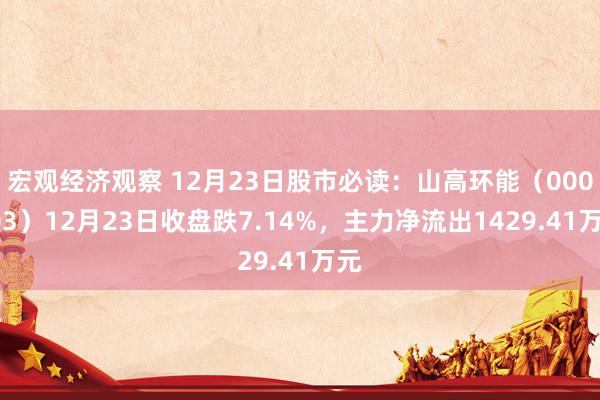 宏观经济观察 12月23日股市必读：山高环能（000803）12月23日收盘跌7.14%，主力净流出1429.41万元