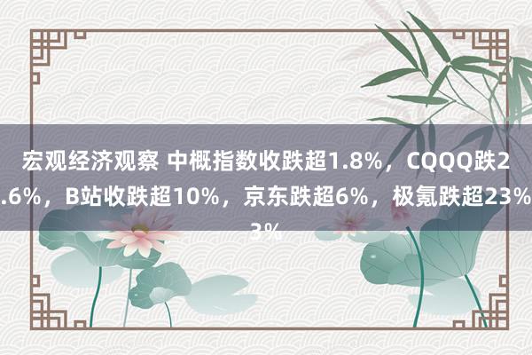 宏观经济观察 中概指数收跌超1.8%，CQQQ跌2.6%，B站收跌超10%，京东跌超6%，极氪跌超23%