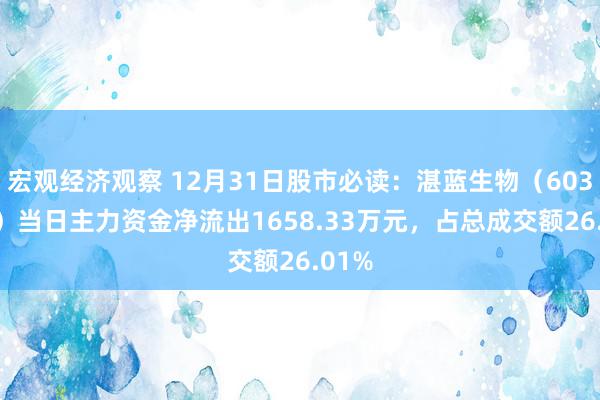 宏观经济观察 12月31日股市必读：湛蓝生物（603739）当日主力资金净流出1658.33万元，占总成交额26.01%