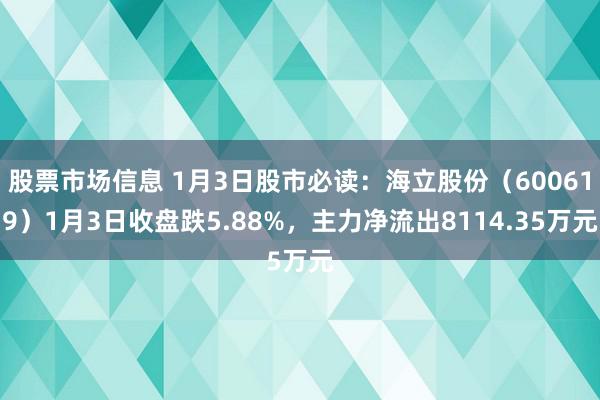 股票市场信息 1月3日股市必读：海立股份（600619）1月3日收盘跌5.88%，主力净流出8114.35万元