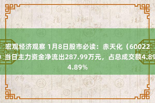 宏观经济观察 1月8日股市必读：赤天化（600227）当日主力资金净流出287.99万元，占总成交额4.89%