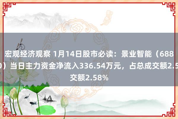 宏观经济观察 1月14日股市必读：景业智能（688290）当日主力资金净流入336.54万元，占总成交额2.58%