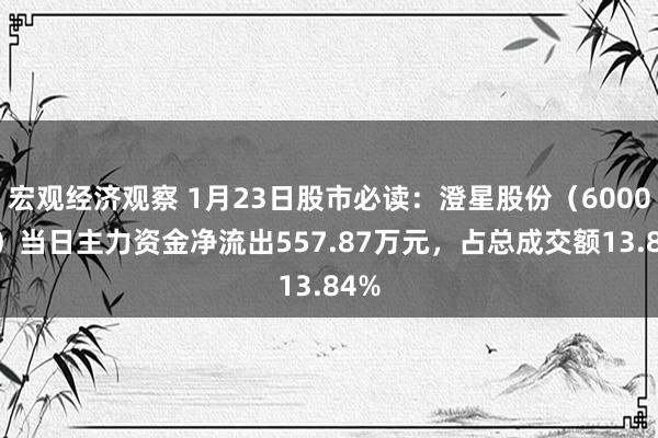 宏观经济观察 1月23日股市必读：澄星股份（600078）当日主力资金净流出557.87万元，占总成交额13.84%