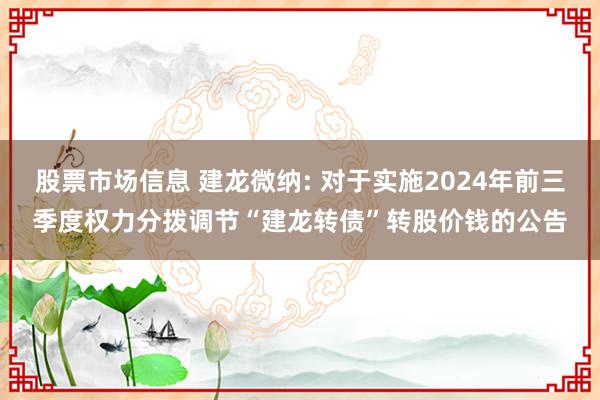 股票市场信息 建龙微纳: 对于实施2024年前三季度权力分拨调节“建龙转债”转股价钱的公告