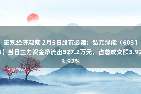 宏观经济观察 2月5日股市必读：弘元绿能（603185）当日主力资金净流出527.2万元，占总成交额3.92%