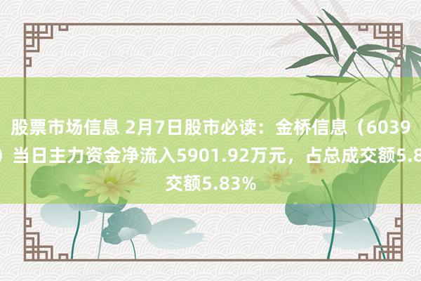 股票市场信息 2月7日股市必读：金桥信息（603918）当日主力资金净流入5901.92万元，占总成交额5.83%