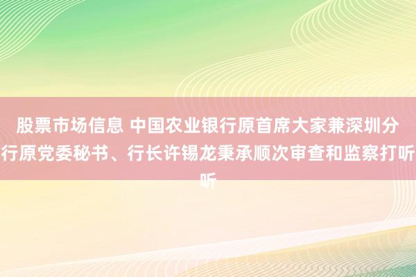 股票市场信息 中国农业银行原首席大家兼深圳分行原党委秘书、行长许锡龙秉承顺次审查和监察打听