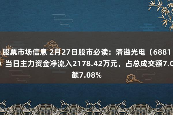 股票市场信息 2月27日股市必读：清溢光电（688138）当日主力资金净流入2178.42万元，占总成交额7.08%