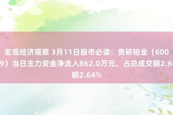 宏观经济观察 3月11日股市必读：贵研铂业（600459）当日主力资金净流入862.0万元，占总成交额2.64%