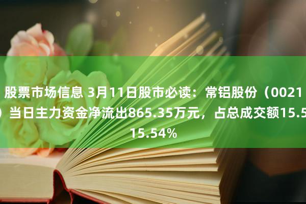 股票市场信息 3月11日股市必读：常铝股份（002160）当日主力资金净流出865.35万元，占总成交额15.54%