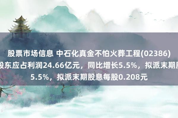 股票市场信息 中石化真金不怕火葬工程(02386)发布年度功绩，股东应占利润24.66亿元，同比增长5.5%，拟派末期股息每股0.208元